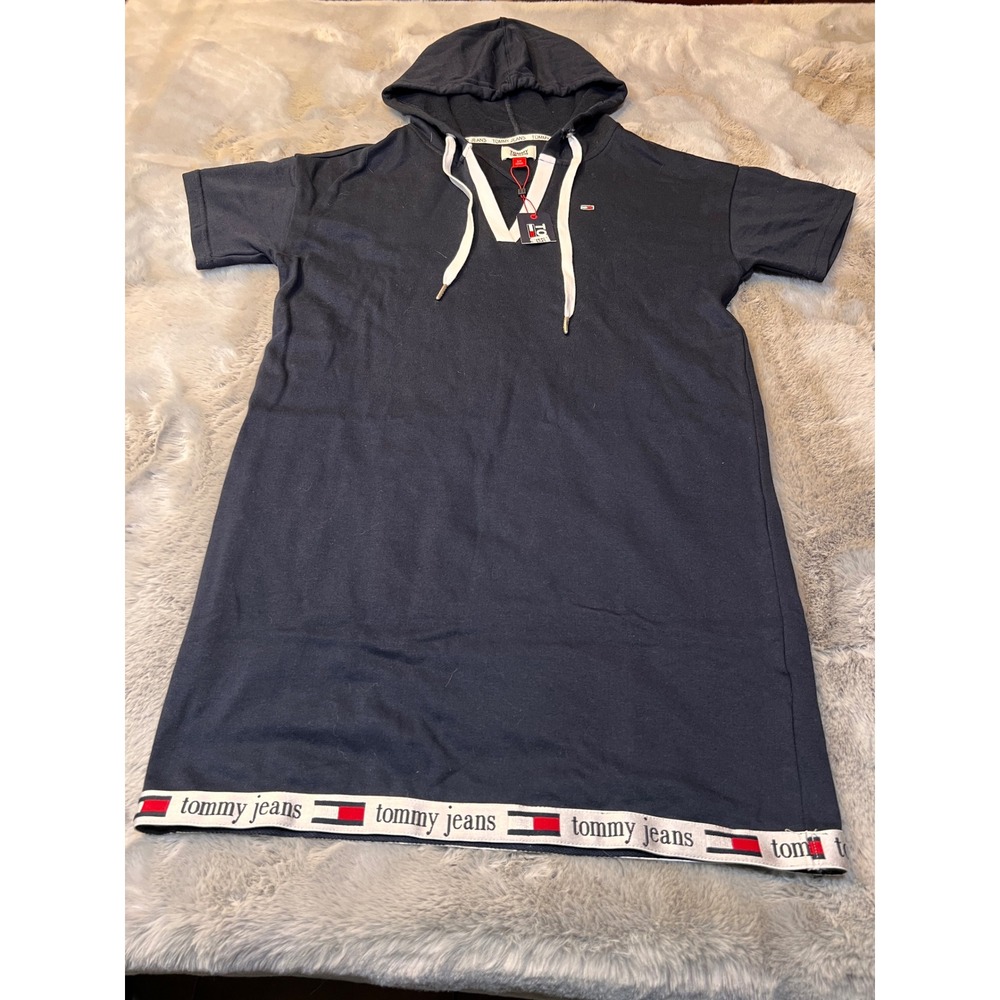 Tommy‎ Jeans Hoodie Dress Logo Tape Hem Short Sleeve Casual Size Blue - Picture 2 of 13
